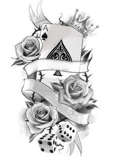 a black and white tattoo design with roses, dices and a banner on it