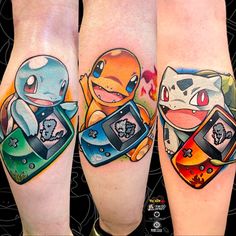 three different tattoos on the legs of people with pokemon and video game characters in them