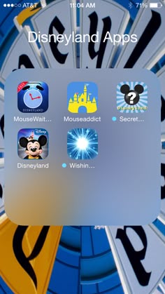 the disneyland apps app is displayed in front of a blue and white clock with mickey mouse icons