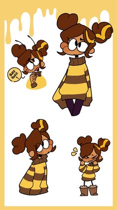 some cartoon characters with different expressions on their faces and body, one is wearing a bee costume