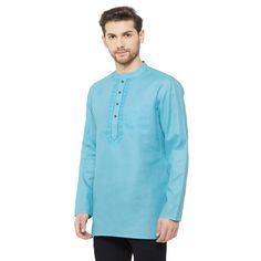 The showcase contemporary sky blue color plain poly-cot short kurta with embroidery, exclusively designed by The Designer PAVAN.  This Indian loose shirt is exclusively made by The Designer PAVAN for men across the globe who like to "celebrate Life" with comfort and style.   The fabrics are guaranteed, hand-picked across the country in vivid textures, fine blends, or prints, each garment is made with high quality and detail styling with exotics embroidery or hand Painting for modern and trendy men & Women, to suit any occasion or casual, evening wear. Each garment is breathable and skin-friendly in all weather. Please note due to different color resolutions on various screens, you may feel slight shade differences between your screen color and product color, however, best efforts have been Collar Kurta, Rich Art, Short Kurta, Color Plain, Handloom Fabric, Sky Blue Color, Loose Shirt, Celebrate Life, Shirt Embroidery