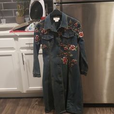 Long Jean Jacket Embroided With Beautiful Flowers Excellent Condition Very High Quality Fitted Embroidered Long Sleeve Outerwear, Fitted Long Sleeve Embroidered Outerwear, Fitted Floral Embroidered Long Sleeve Outerwear, Long Jean Jacket, Long Jeans, First World, Jean Jacket, Pink Blue, Beautiful Flowers