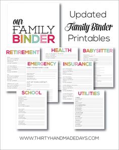 the family binder printables are on display in front of a white background