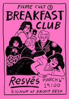 a pink poster with black and white drawing of people in bed, text reads'film cut breakfast club '