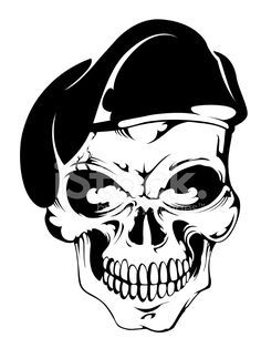 a skull wearing a beret hat in black and white stock photo, royalty illustration