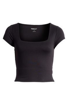 A clavicle-baring square neck gives a modern edge to this figure-flaunting T-shirt crafted with plenty of stretch for comfort that moves with you. 17" length (size Medium) Square neck Short sleeves 95% polyester, 5% spandex Machine wash, tumble dry Imported Fitted Short Sleeve Top, Plain Tops For Women, Cute Shirts For Women, Square Neck Shirt, Preppy Tops, Clothing Board, Wishlist 2024, Tshirt Crafts, Big Gifts