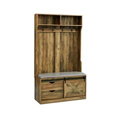 a wooden cabinet with two drawers and a bench