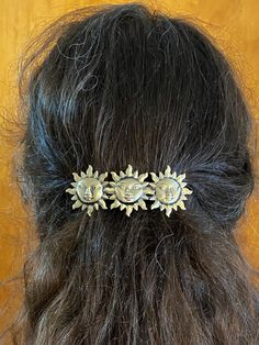 This classic celestial barrette features a row of three golden suns with faces crafted in golden brass. Made in France! 3.25" long. More hair accessories found here! Brass Hair Accessories, Golden Sun, Hair Pins, Sun, Hair Accessories, Brass, Hair