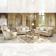 an ornate living room with gold furniture and chandelier