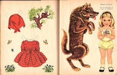 an old children's book with pictures of clothes and a dog on the page