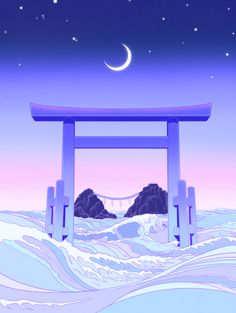 an image of a japanese gate in the snow at night with moon and stars above