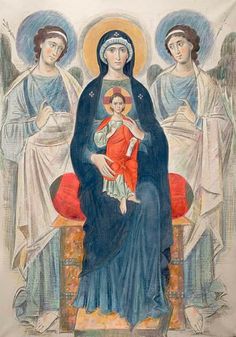 an image of the virgin mary and three angels