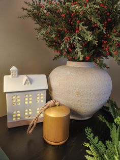 a potted plant sitting on top of a wooden table next to a candle holder