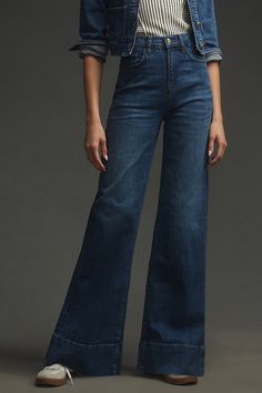 Responsibly made with regenerative cotton 98% regenerative cotton, 2% natural rubber Five-pocket styling Front zip Machine wash Imported | Ms. Onassis High-Rise Wide-Leg Jeans by Triarchy in Blue, Women's, Size: 32, Cotton/Rubber at Anthropologie High Rise Blue Jeans Outfit, Women’s Wide Leg Pants, Jeans Women 2024, Jeans For Girls Style, Jeans Style Women, Winter Outfit Jeans, Formal Jeans, Grandma Jeans, Low Rise Jeans Outfit