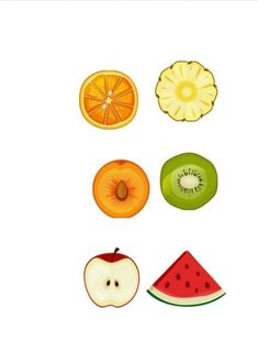 an apple, orange, watermelon and kiwi fruit cut in half on a white background