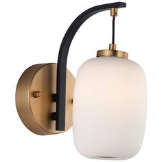 a wall light with a white glass shade on the arm and black metal fittings