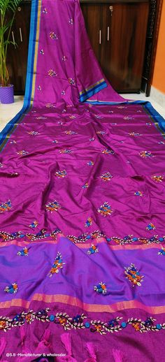 Exclusive bulian parsi and katha stitch saree  on ilampolli silk with bp Saree Designs, Clothing Items, Saree, Silk, Bathing Beauties, Display Homes, Purple, Purses And Bags, Clothes For Women