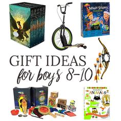 the gift ideas for boys 8 - 10 are on display in front of a white background