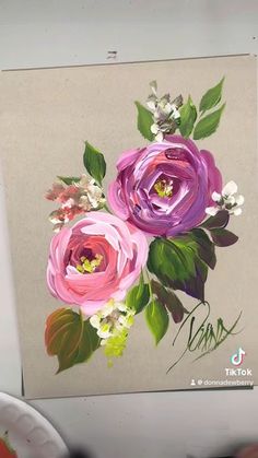 a painting of pink flowers with green leaves