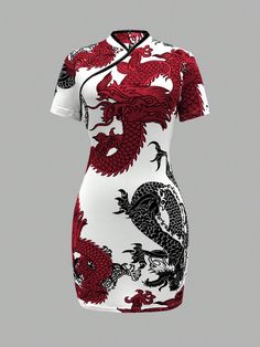 Women's Chinese Dragon Print Short Sleeve Fitted Elegant Mini Dress, Summer Multicolor Casual,Sexy  Short Sleeve Knitted Fabric Animal,Plants,All Over Print,Textured Pattern Bodycon High Stretch  Women Clothing, size features are:Bust: ,Length: ,Sleeve Length: Chinese Dragon Dress, Punk Woman, Shapewear Dress, Elegant Mini Dress, Dragon Print, Mini Robes, Halter Mini Dress, Chinese Dragon, Womens Tights