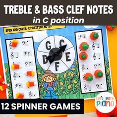 this is a poster for a game called treble & bass clef notes in c position