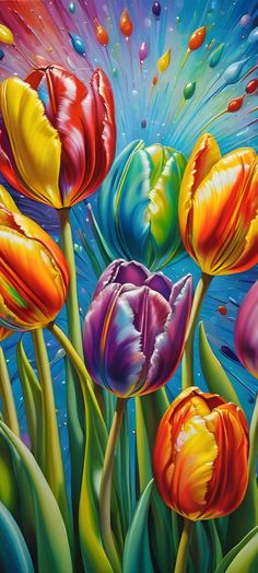 a painting of colorful flowers with water drops