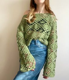 Crochet Crop Top, Crochet Long Sleeve Top, Handmade Green Top, Green Crochet Sweater, Mesh Top, Festival Top Thank you for visiting Güneş Crafts! In my small business you can find completely handmade dresses, bags, hats, skirts, sweaters, vests and decor items. I love the uniqueness of the sparkle of hand labour. All crochet items in my store are knitted with care. Each order is knitted individually. The crochet item you receive will be specially prepared for you and you will be the first person Green Crochet Sweater, Crochet Long Sleeve Top, Crochet Long Sleeve Tops, Crop Top Crochet, Pull Crochet, Mesh Tops, Green Crochet, Crochet Crop, Crochet Dress Pattern