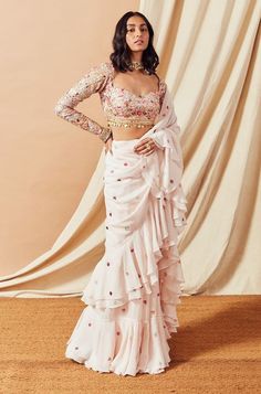 Pink Ruffle Saree, Farewell Sarees, Debut Ideas, Sharara Designs, Trendy Outfits Indian, Outfits Indian, Mirror Embroidery, Indian Outfits Lehenga, Modern Saree