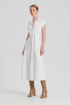 CREPE KNIT SHIRT DRESS - CREAM Timeless Silhouettes, Knit Shirt Dress, Knit Dresses, Scanlan Theodore, Dress Cream, Sharp Objects, Modern Accents, Crepe Dress, Cream Dress