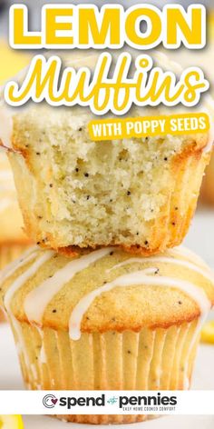 lemon muffins with poppy seeds are stacked on top of each other and the title overlay reads, lemon muffins with poppy seeds