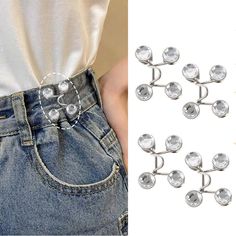 six pairs of clear crystal buttons on the back of a pair of jeans