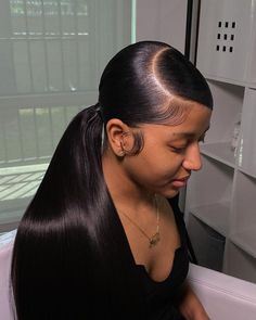 Low Side Ponytail Black Women, Swoop With Low Ponytail, Ponytail Side Part Black Women, Swoop With A Braided Ponytail, Low Slick Ponytail Weave With Swoop, Swoop Back Ponytail, Long Ponytail With Swoop, Long Ponytail Hairstyles With Bangs