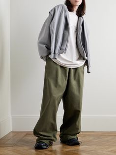 Balenciaga's collections are defined by exaggerated proportions and quality fabrics. Cut from breathable cotton-twill, these track pants have an elasticated waistband and wide, baggy legs that pool at the ankles. Style them with an equally loose tee or hoodie. Balenciaga Clothing, High Rise Style, Loose Tees, Loungewear Shorts, Short Suit, Casual Trousers, Green Cotton, Mr Porter, Lightweight Jacket