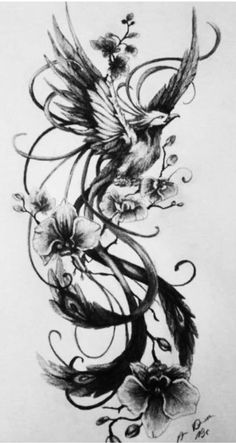 a drawing of a bird with flowers on it