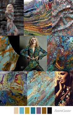 a collage of photos with different colors and textures, including an image of a woman in