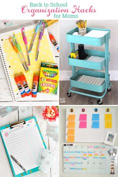 the back to school organization hacks for moms are organized with colorful paper and pens