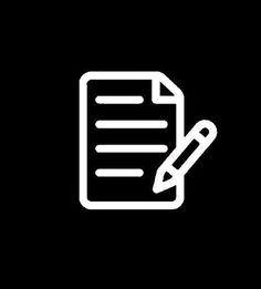 a black and white icon with a pen on top of a piece of paper that is lined up