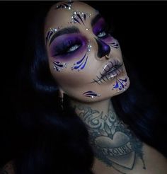 Dia De Los Muertos Makeup With Jewels, Skeleton Makeup Purple, Purple Dia De Los Muertos Makeup Ideas, Pretty Day Of The Dead Makeup, Purple Day Of The Dead Makeup, Mexican Sugar Skull Makeup, Purple Catrina Makeup, Half Face Catrina Makeup, Red Catrina Makeup