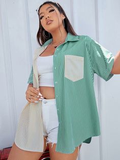 Green Casual Collar Half Sleeve Fabric Colorblock,Striped Shirt Embellished Non-Stretch  Plus Size Tops Vertical Striped Blouse, Pocket Blouse, Shirt With Pocket, Plus Size Clothing For Women, Pocket Shirt, Collar Blouse, Vertical Stripes, Plus Size Blouses, Striped Blouse