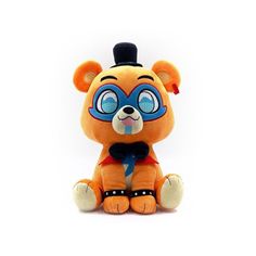 an orange stuffed animal with blue eyes and a top hat