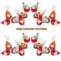 four christmas ornaments are arranged in the shape of santas hats and mittens, with free crochet pattern