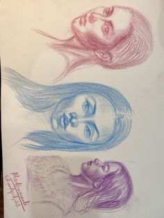 three colored pencil drawings of women's heads on white paper with writing underneath them