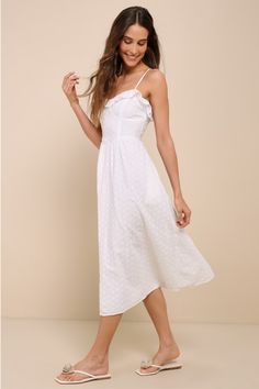 You'll be a perfect match for summer days in the Lulus Lovely Weather White Embroidered Bustier Midi Dress with Pockets! Lightweight woven cotton boasts a pattern of eyelet embroidery as it falls from adjustable spaghetti straps to form a bustier-style bodice with a sweetheart neckline, seamed cups, and ruffled trim. Subtle Basque waist tops an A-line skirt that features side seam pockets before ending at a midi hem. Hidden zipper/clasp at back. Fit: This garment fits true to size. Length: Mid-c Summer Cotton Sundress With Sweetheart Neckline, Summer Cotton Dress With Sweetheart Neckline, Cotton Summer Dress With Sweetheart Neckline, Casual Cotton Sundress With Sweetheart Neckline, Cotton Eyelet Dress For Brunch, Summer Eyelet Dresses For Garden Party, Strapless Cotton Sundress For Spring, Beach Cotton Eyelet Dress, Eyelet Cotton Dress For Vacation