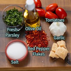 the ingredients to make this dish include tomatoes, garlic, parsley, olive oil, garlic bread and salt