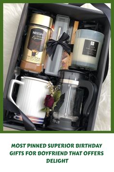 an open gift box with candles, coffee mugs and other items in it that says most pined supervisor birthday gifts for boyfriend that offers delight