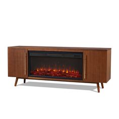 an entertainment center with a fireplace in the middle and flames on it's sides