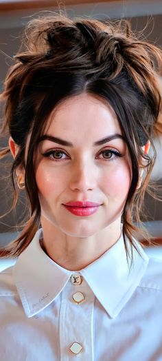 a close up of a person wearing a white shirt and hair in a messy bun