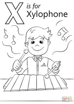 an x is for xylphonne coloring page with a boy holding a pipe