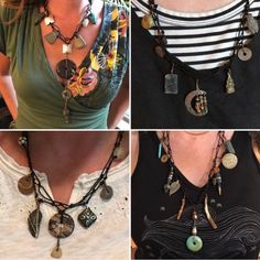 four different necklaces with various charms and designs on them, all hanging from the same neckline