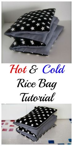 three different pictures with the words hot & cold rice bag on them, and an image of